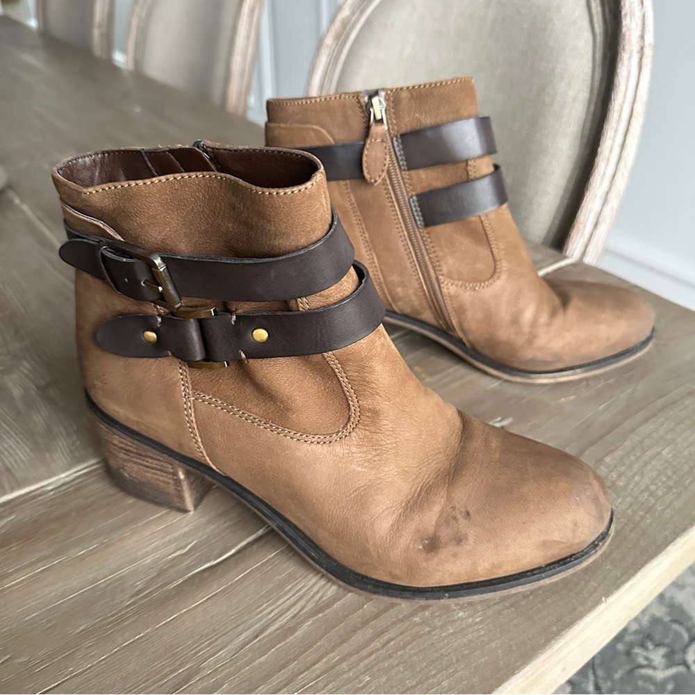 Franco Sarto Linden 2 Buckle Moto Ankle Booties Brown Rocker Boots Womens